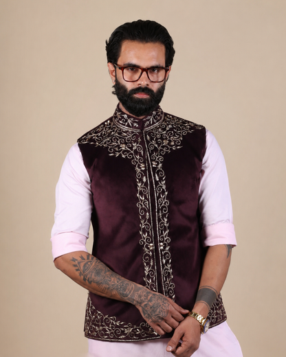 Wine Velvet Embroidered Nehru Jacket