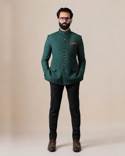 Emerald Green Terry Wool Bandhgala Set