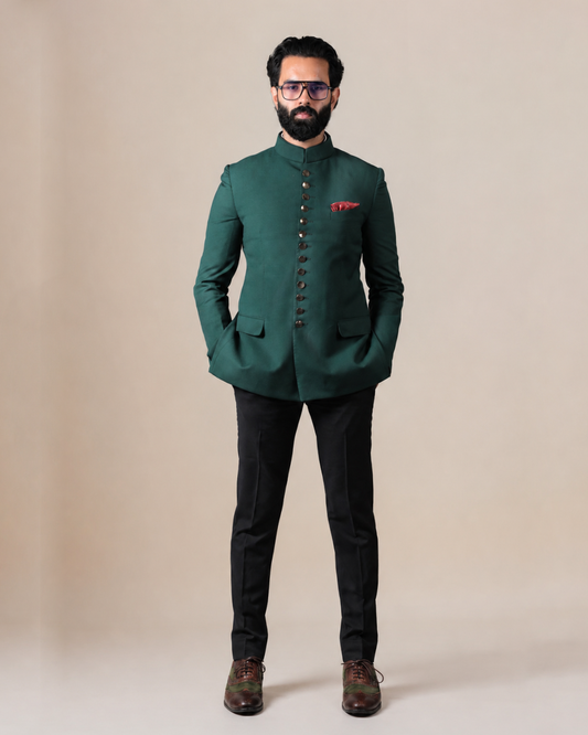 Emerald Green Terry Wool Bandhgala Set