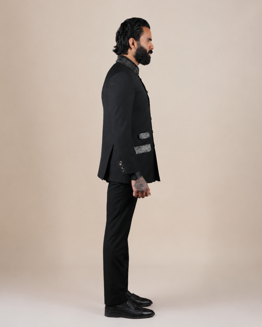Black Bandhgala Suit Set with Fur