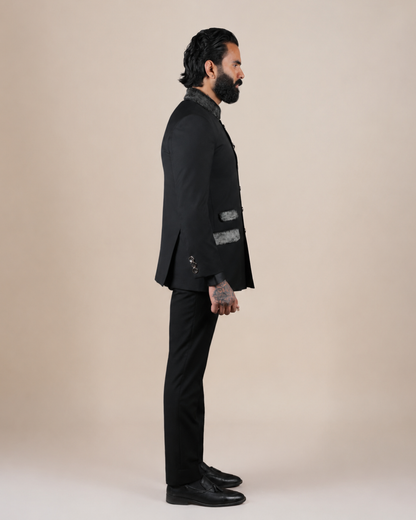 Black Bandhgala Suit Set with Fur