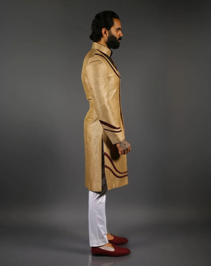 Golden Sherwani with Velvet Yoke Detailing