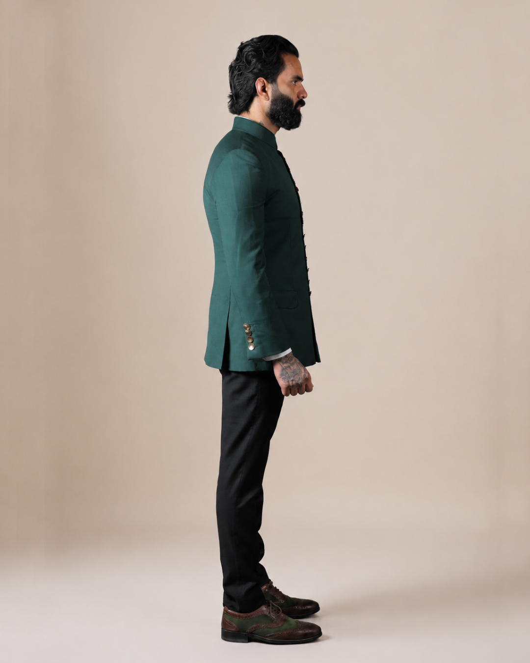Emerald Green Terry Wool Bandhgala Set