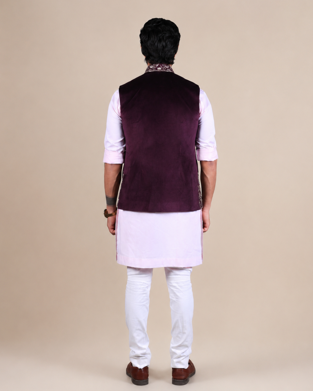Wine Velvet Embroidered Nehru Jacket