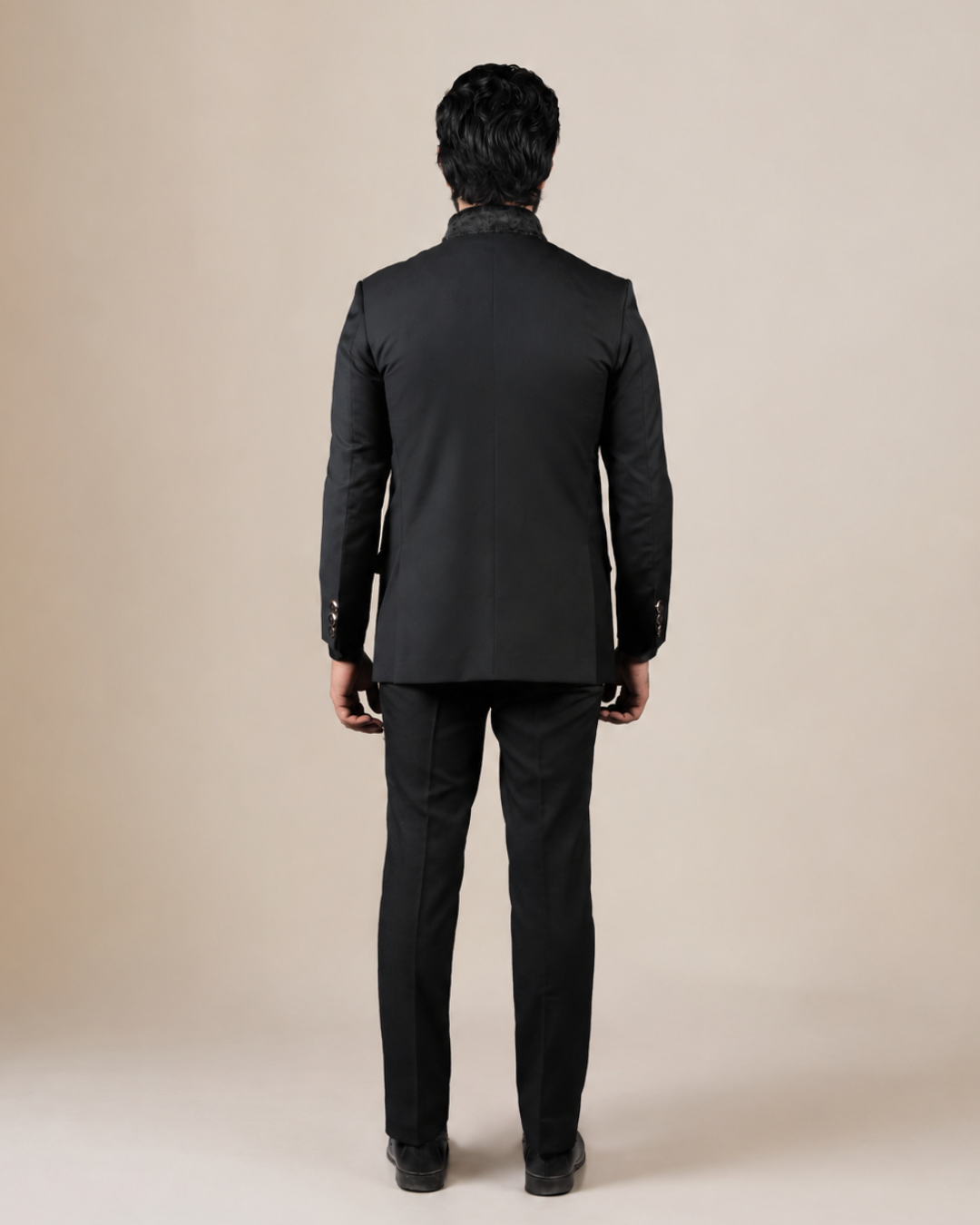 Black Bandhgala Suit Set with Fur