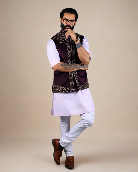 Wine Velvet Embroidered Nehru Jacket