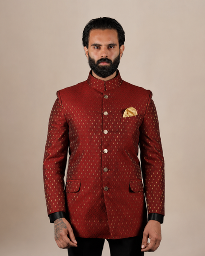 Rustic Red Brocade Bandhgala Set