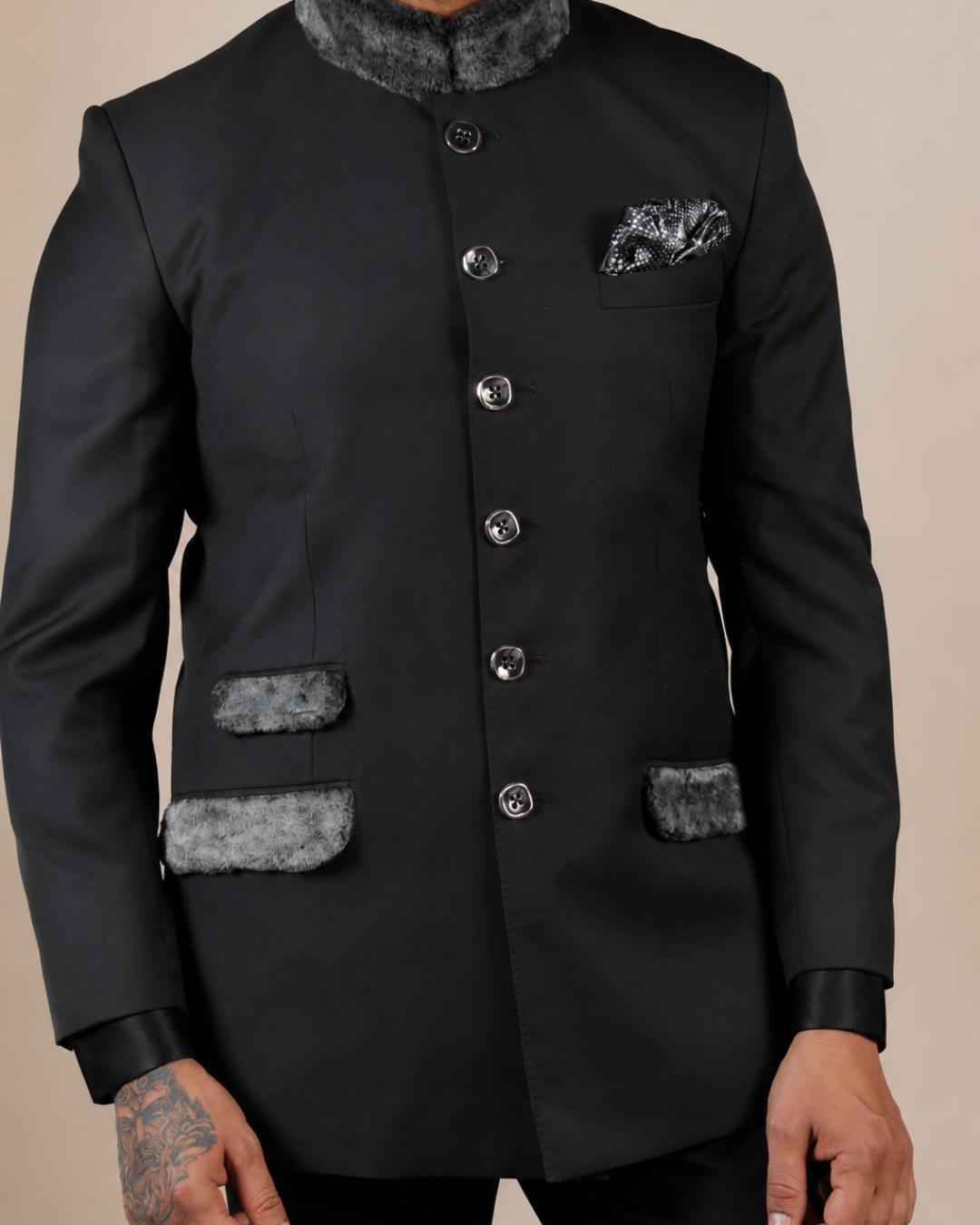 Black Bandhgala Suit Set with Fur