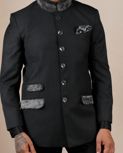 Black Bandhgala Suit Set with Fur