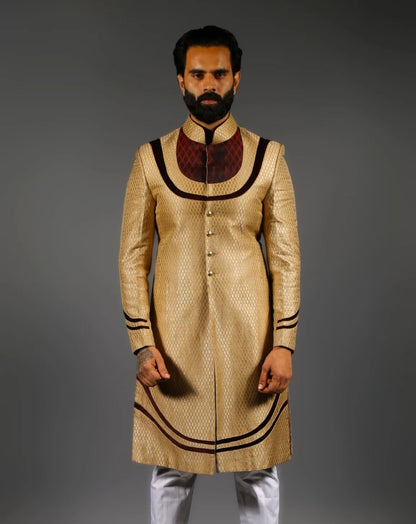 Golden Sherwani with Velvet Yoke Detailing