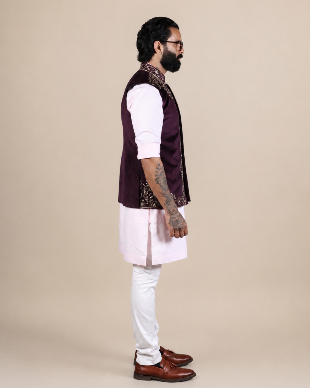Wine Velvet Embroidered Nehru Jacket