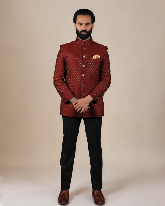 Rustic Red Brocade Bandhgala Set