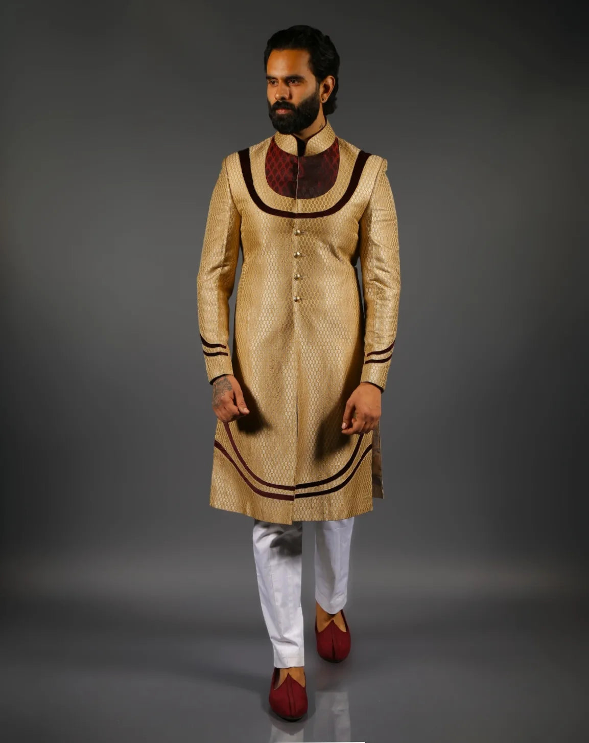 Golden Sherwani with Velvet Yoke Detailing
