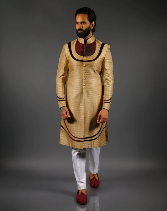 Golden Sherwani with Velvet Yoke Detailing