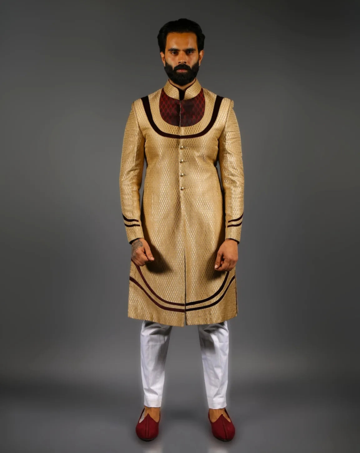 Golden Sherwani with Velvet Yoke Detailing