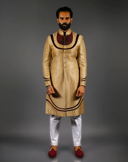 Golden Sherwani with Velvet Yoke Detailing