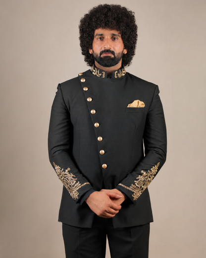 Black Embroidered Bandhgala Suit