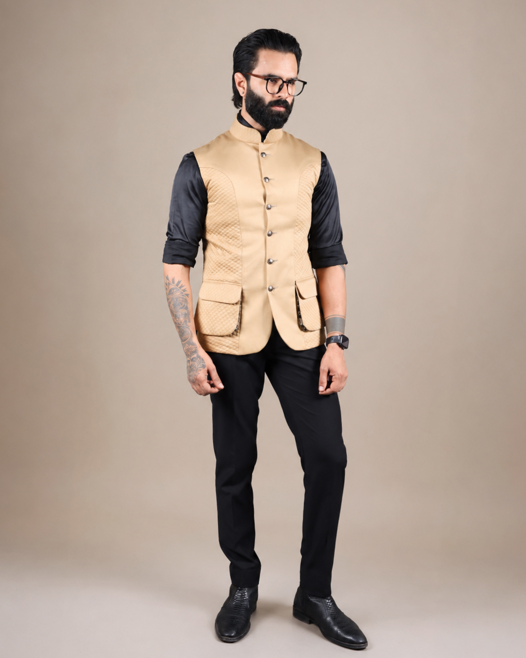 Beige Terry Wool Quilted Nehru Jacket