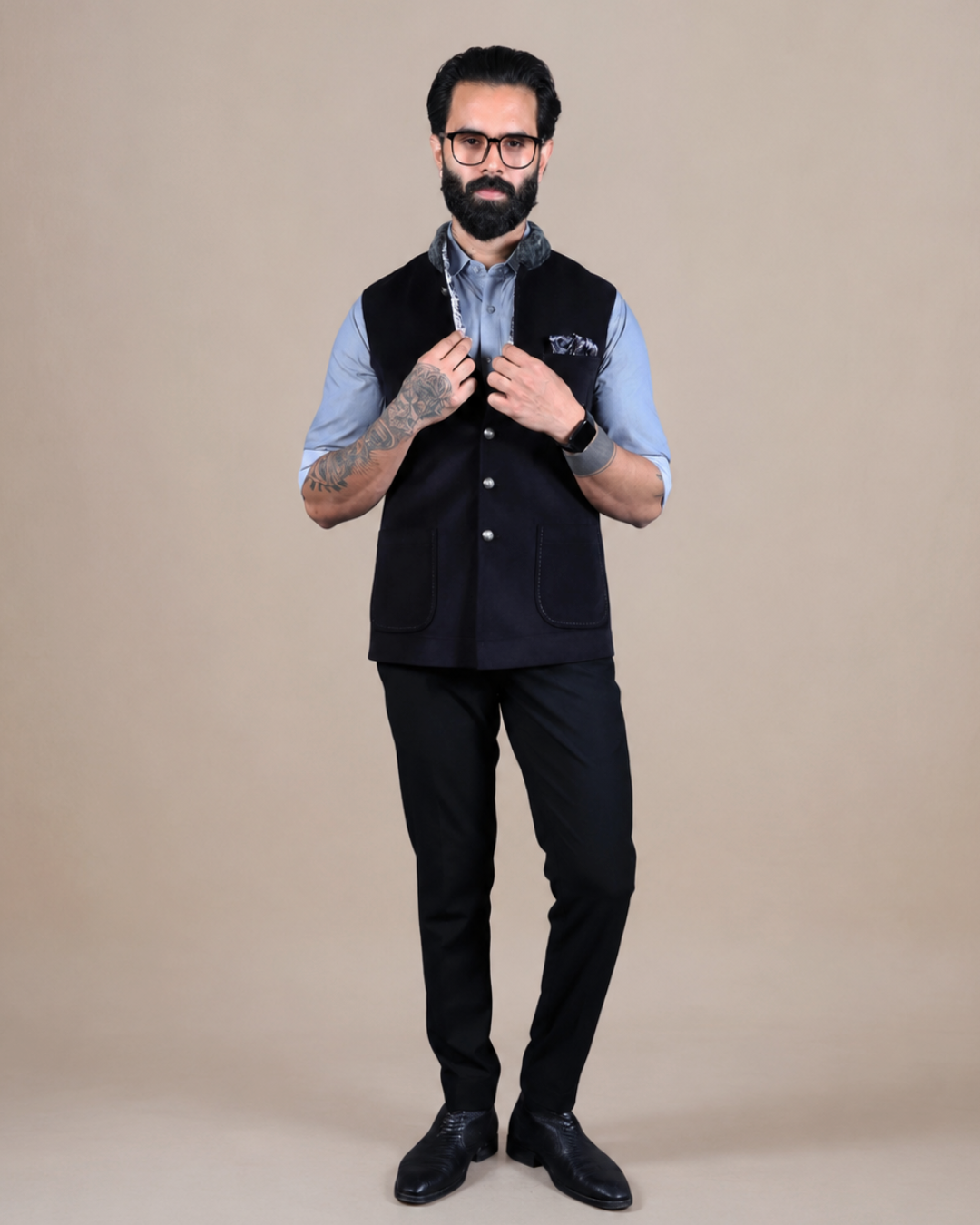 Black Nehru Jacket with Fur Collar