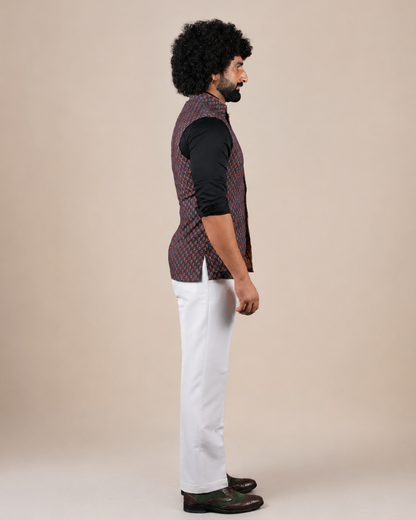 Dark Blue Floral Print Nehru Jacket