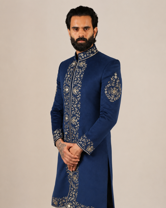 Indigo Velvet Embroidered Sherwani