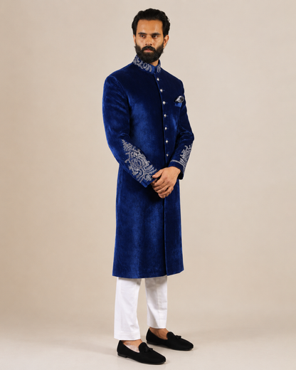 Royal Blue Velvet Embroidered Sherwani