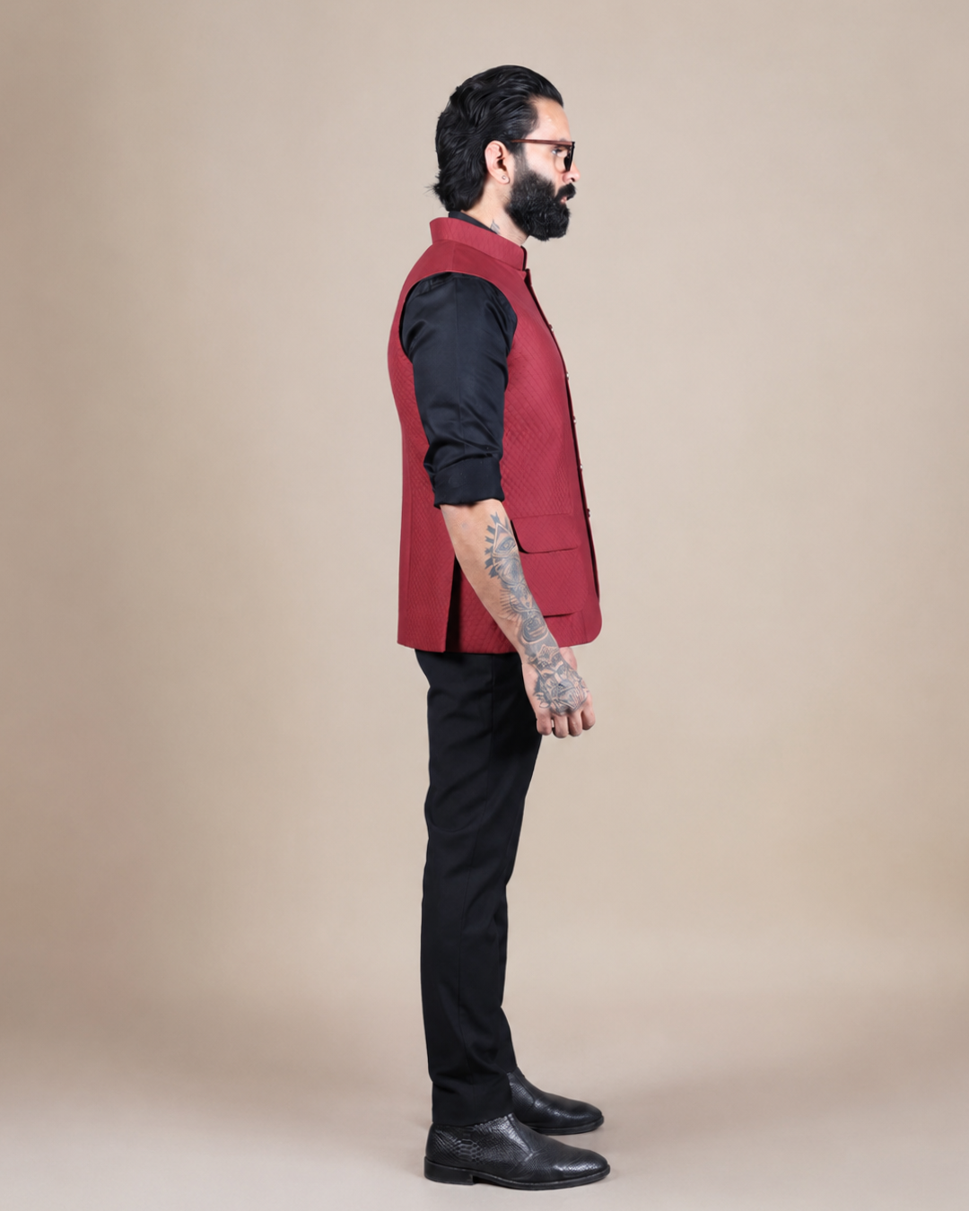 Maroon Textured Nehru Jacket