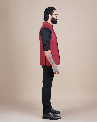 Maroon Textured Nehru Jacket