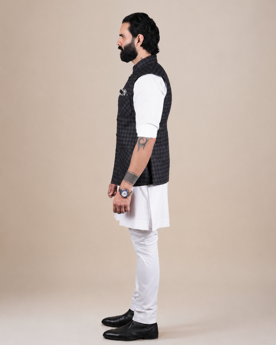 Navy & Green Checkered Nehru Jacket