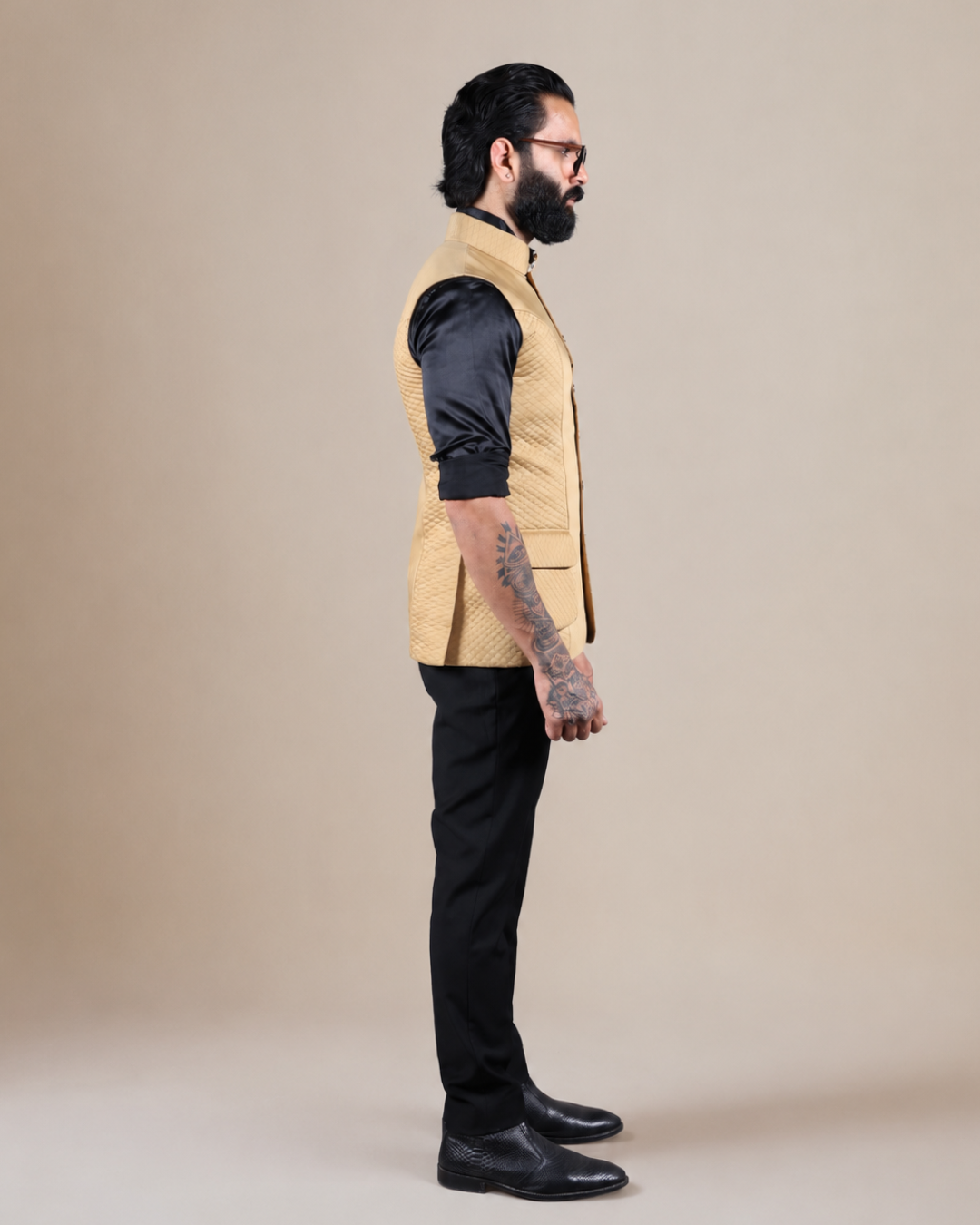 Beige Terry Wool Quilted Nehru Jacket