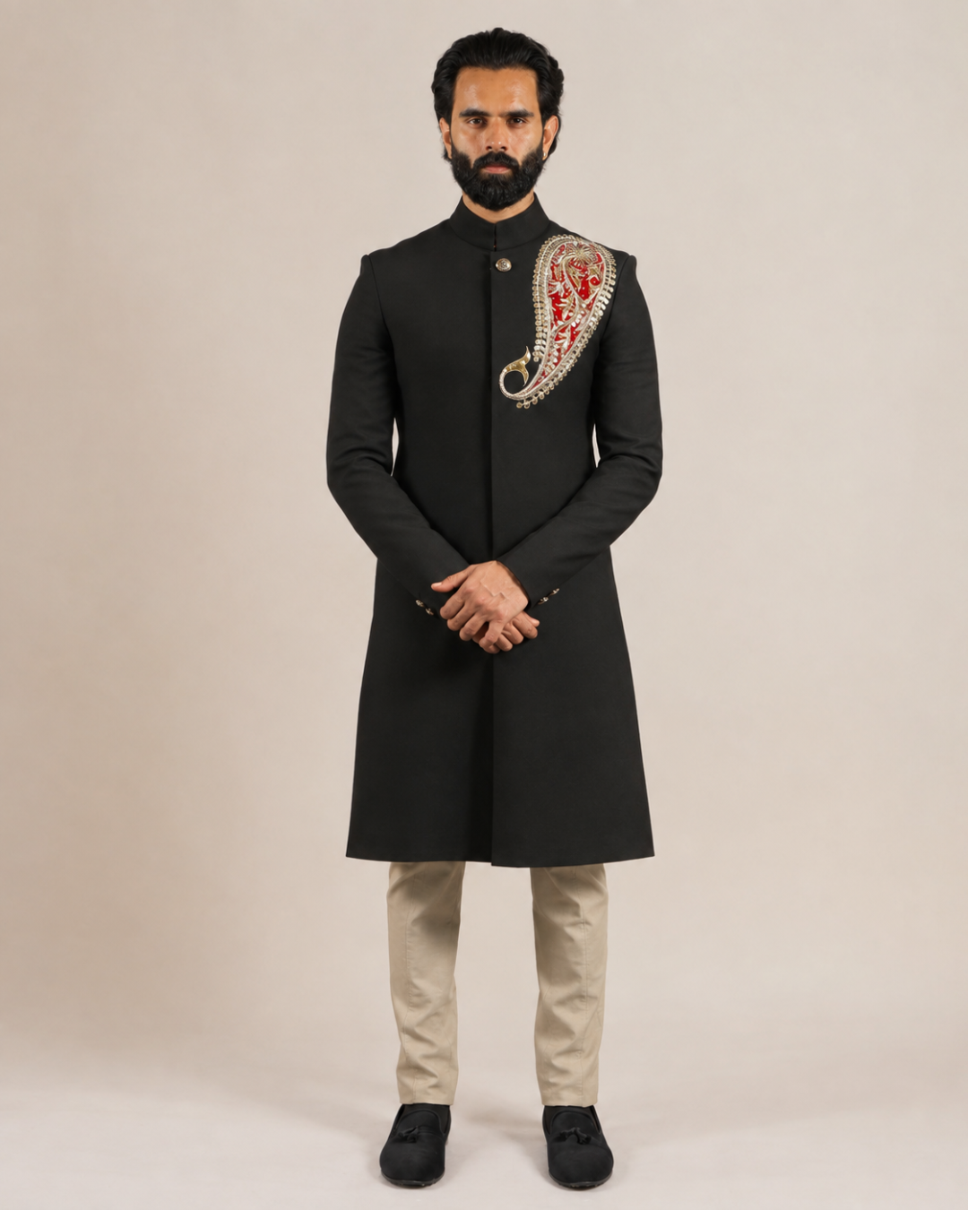 Black Embroidered Achkan Sherwani