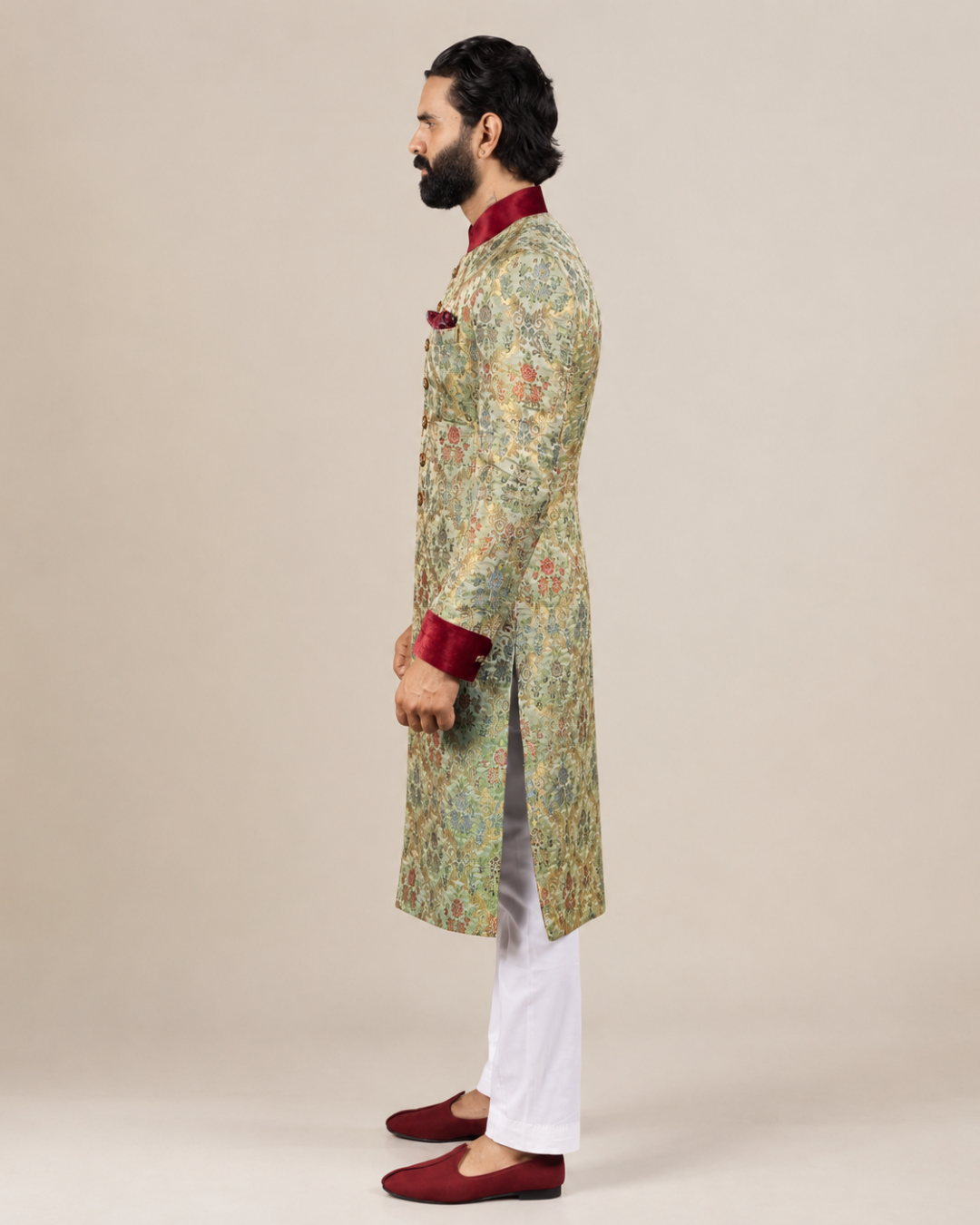 Regal Mint Green Banarasi Silk Floral Sherwani