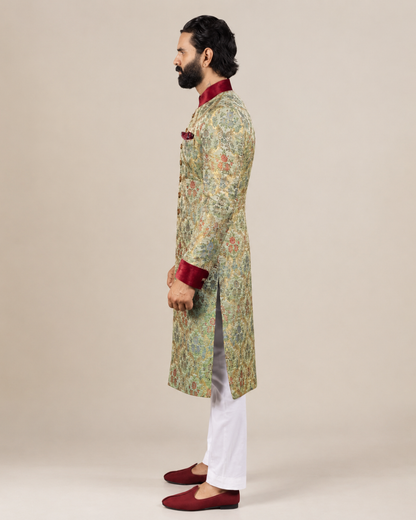 Regal Mint Green Banarasi Silk Floral Sherwani