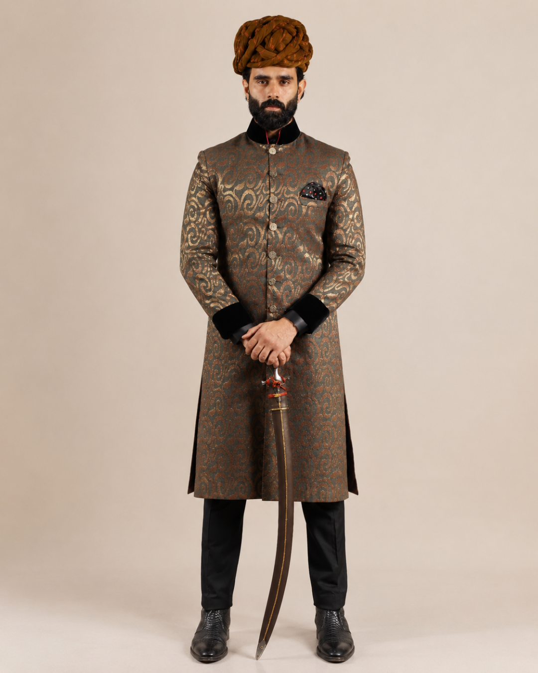Brown Golden Brocade Sherwani