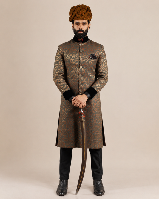 Brown Golden Brocade Sherwani