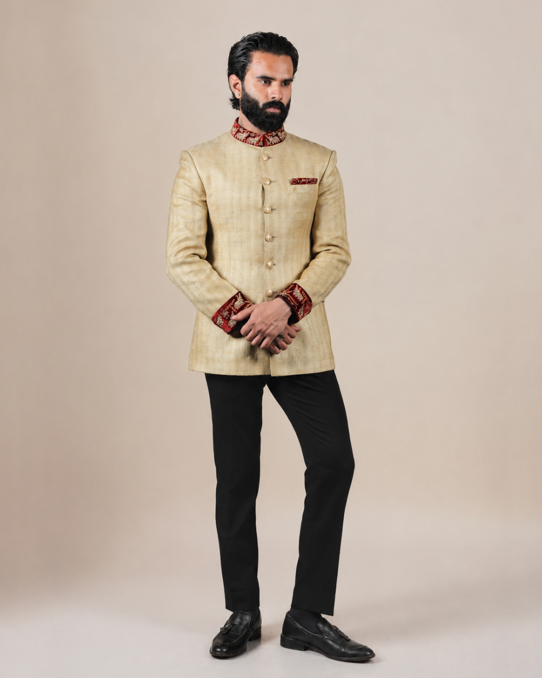 Beige Silk Blend Bandhgala Set