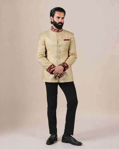 Beige Silk Blend Bandhgala Set