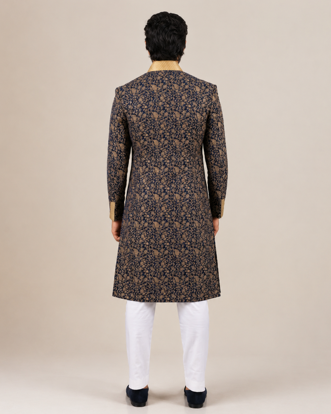 Navy Blue Gold Embroidered Sherwani