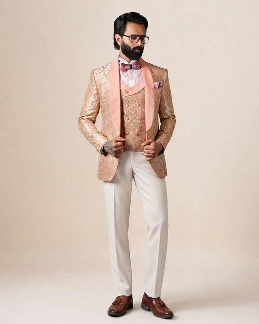 Peach Gold Brocade Tuxedo Suit