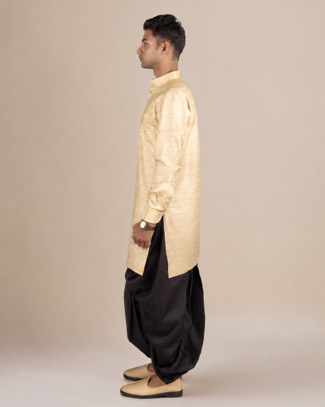 Golden Khadi Silk Kurta with Black Dhoti Set