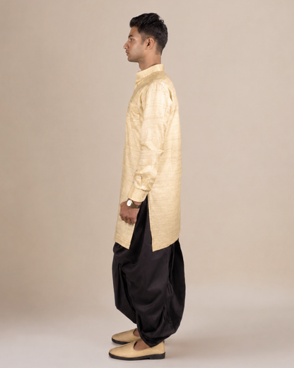 Golden Khadi Silk Kurta with Black Dhoti Set