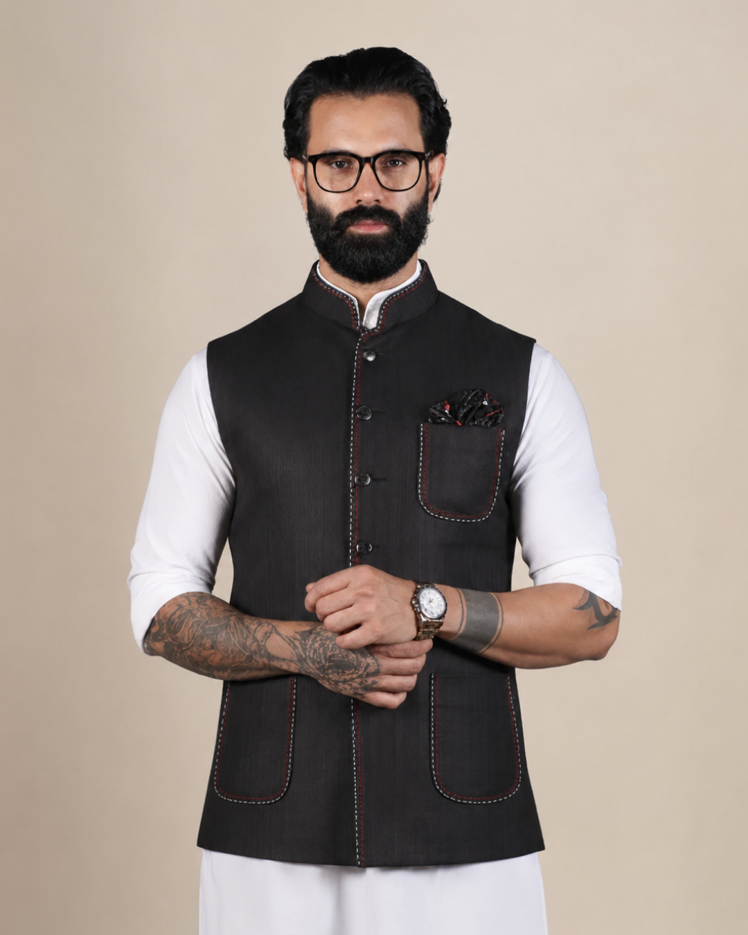 Black Nehru Jacket with Contrast Stitch