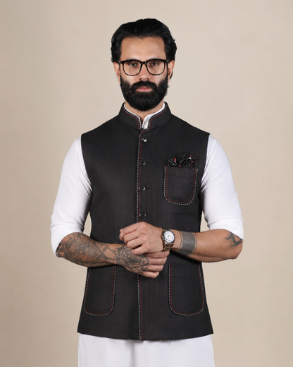 Black Nehru Jacket with Contrast Stitch