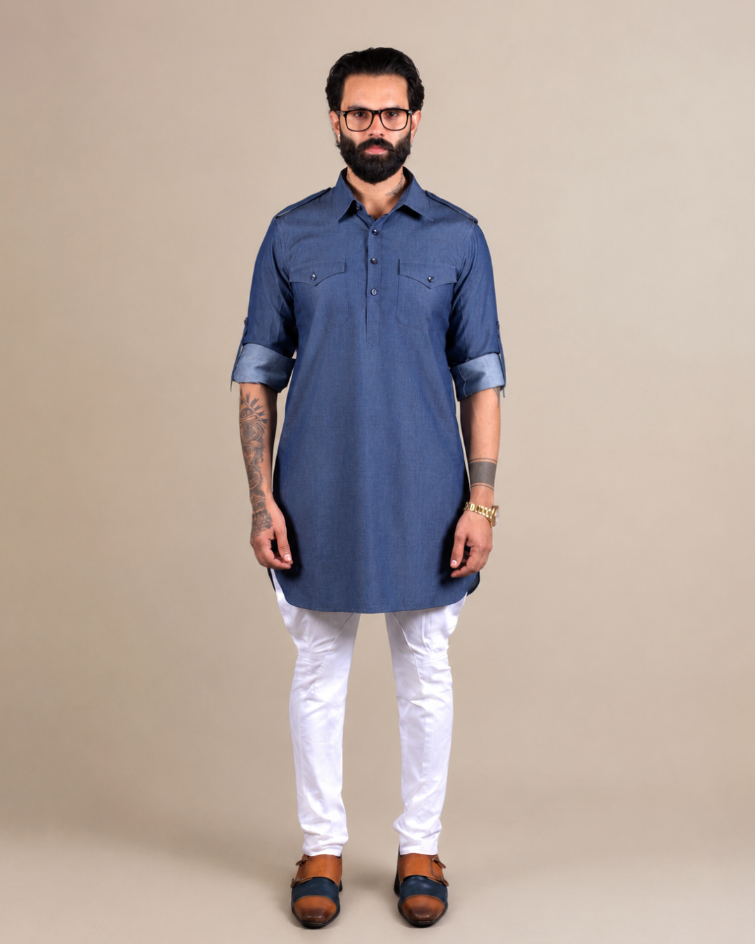 Blue Denim Pathani Kurta Set