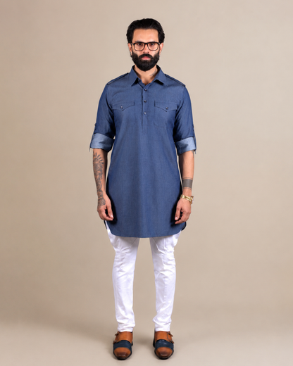Blue Denim Pathani Kurta Set