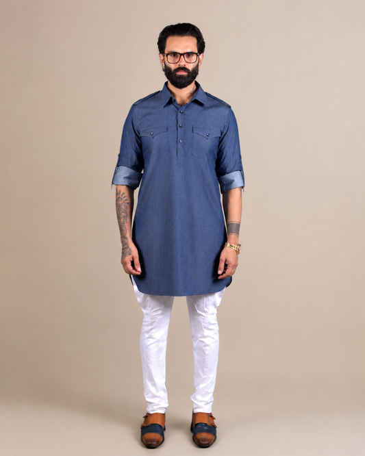 Blue Denim Pathani Kurta Set