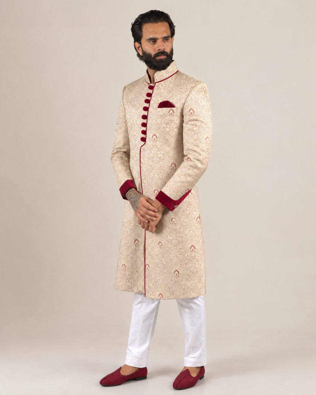 Cream & Maroon Brocade Sherwani Set