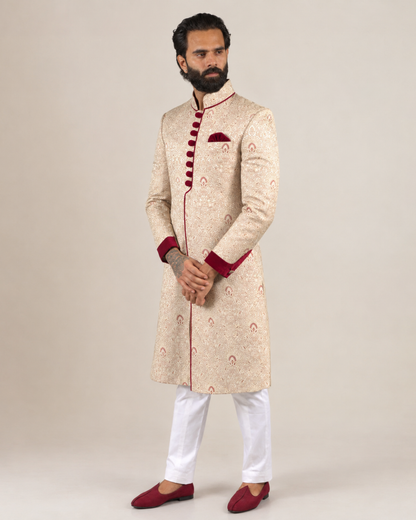 Cream & Maroon Brocade Sherwani Set