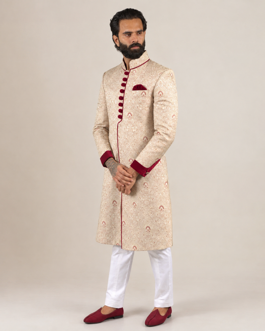 Cream & Maroon Brocade Sherwani Set