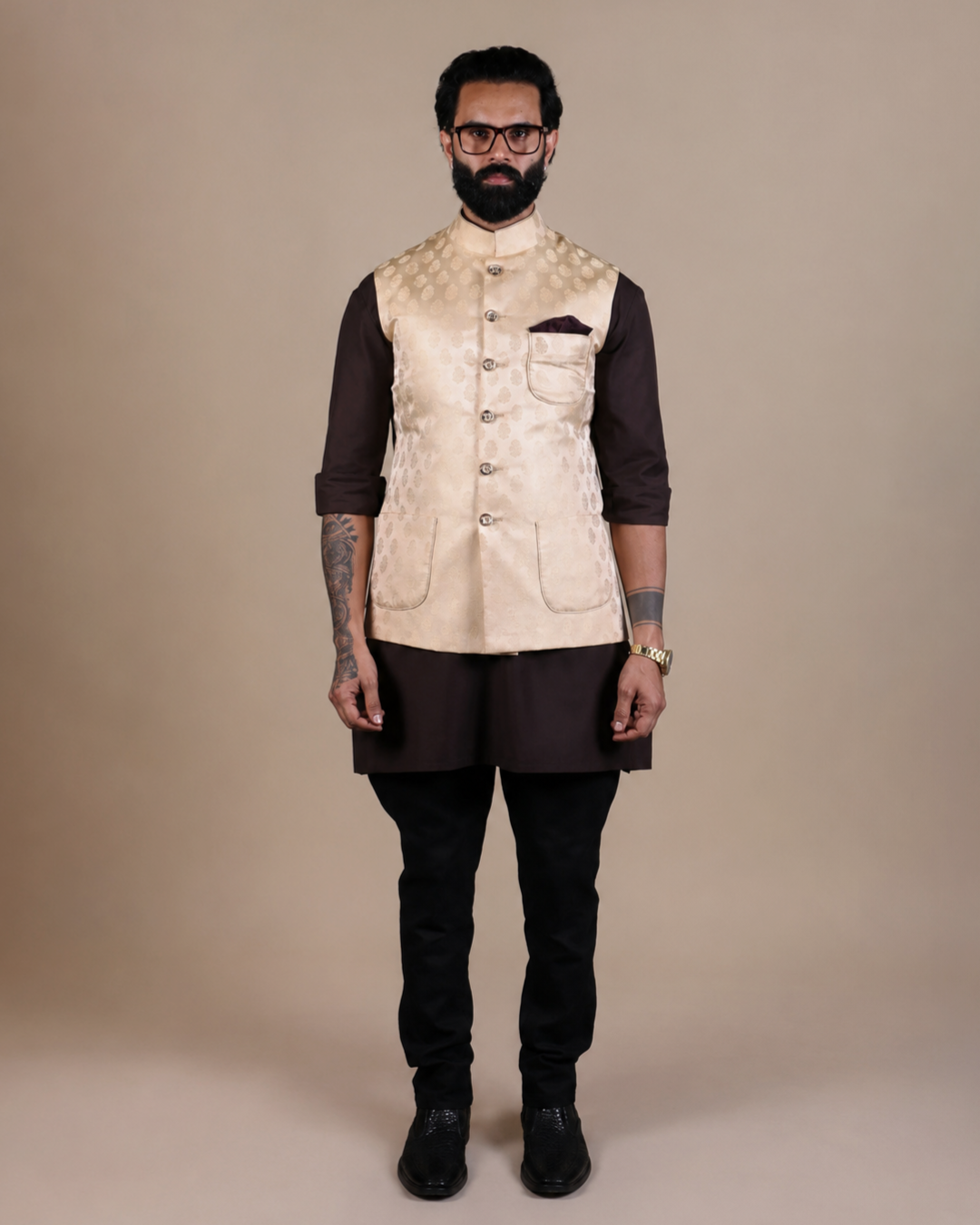 Golden Brocade Nehru Jacket Set
